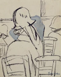 Flickor i kyrkan (penna, bläck och akvarell på papper)